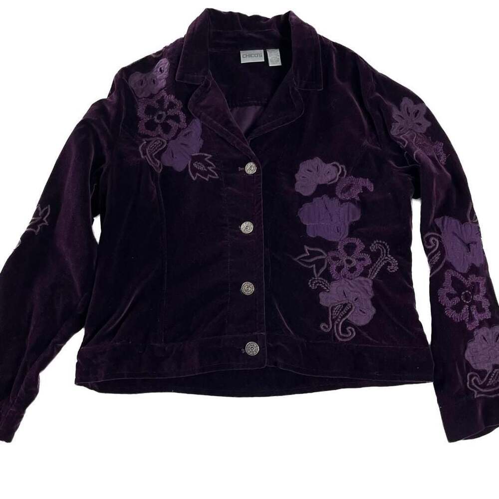 Chico's Purple Velvet Embroidered Jacket Blazer Womens L Floral Button Front